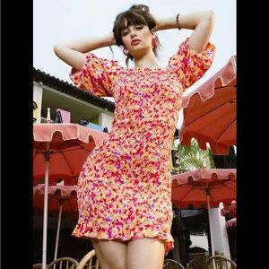 Anthropologie x Lili Sidonio Off Shoulder Smocked Midi Dress in Pink